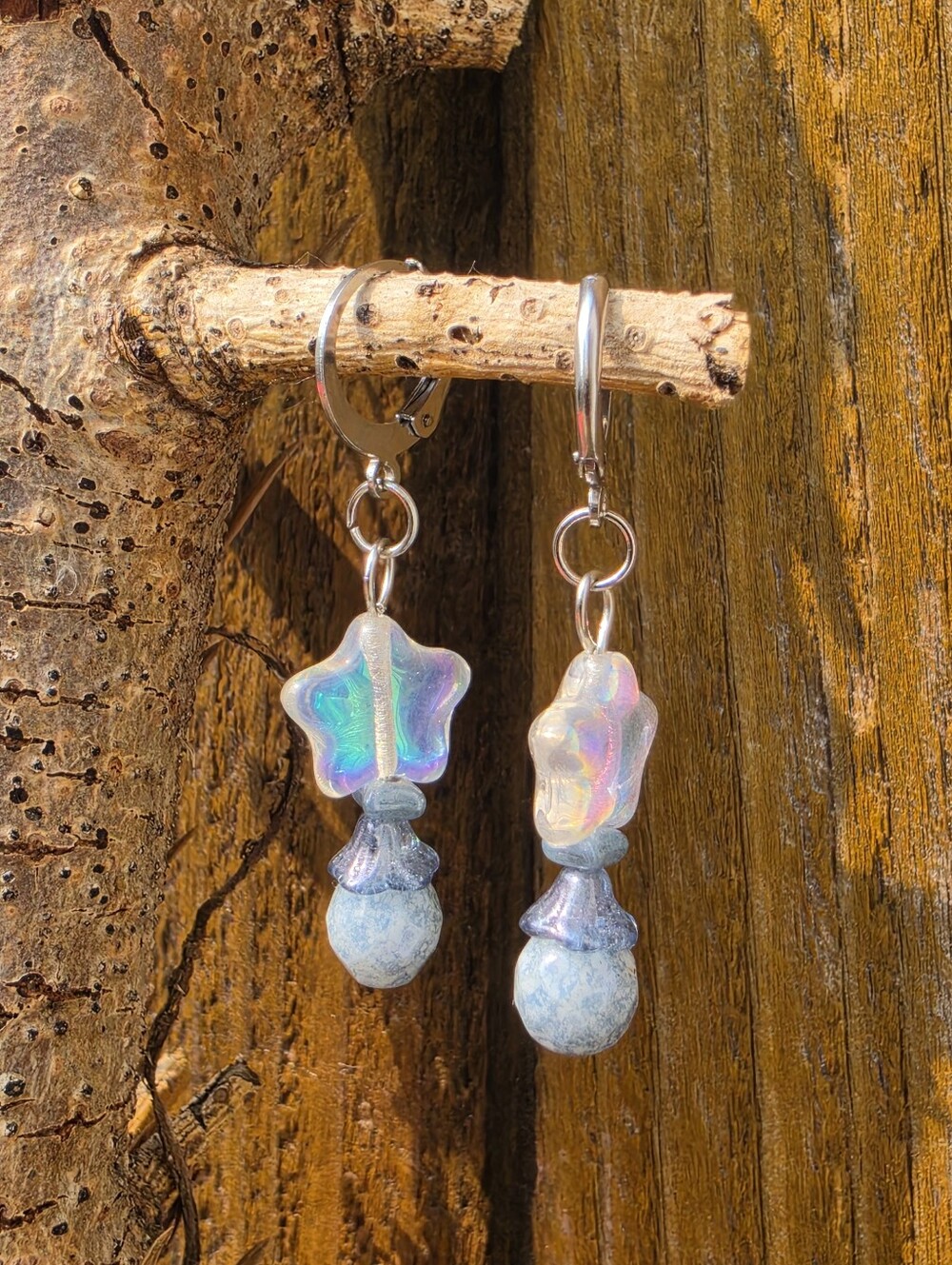 Iridescent Star Czech Glass Dangle Earrings Stainless Steel Leverback